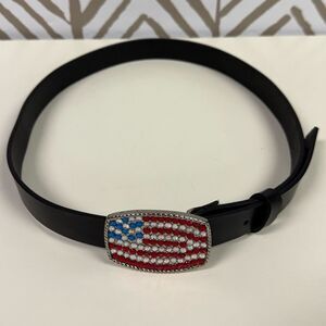 Steve Madden Rhinestone Flag Black Leather Belt SZ M Perfect for July 4th